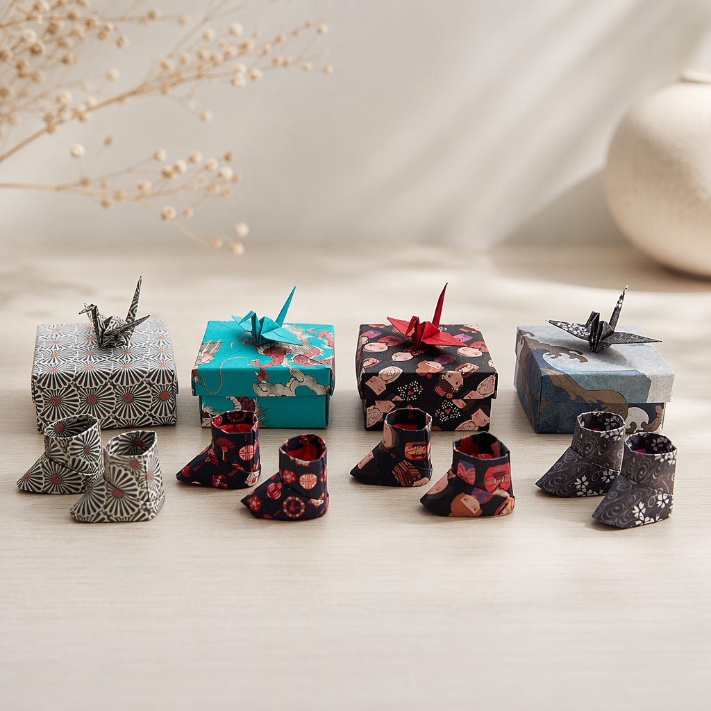 Origami gift boxes with paper cranes on top and tiny origami boots in front — a product launch centrepiece