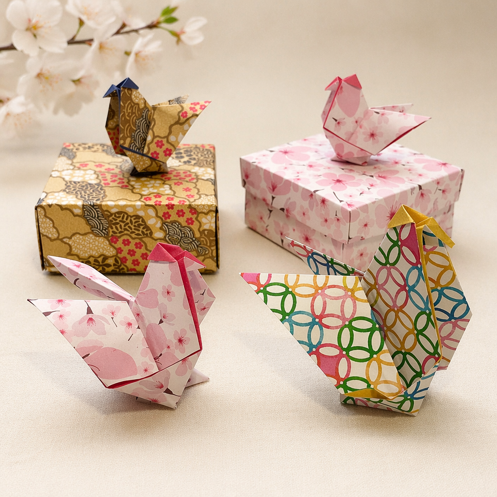 Origami chickens perched on floral washi gift boxes